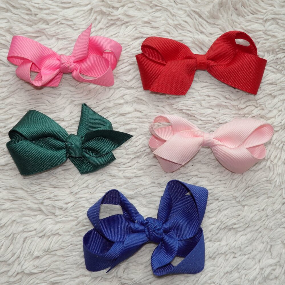 Set of 5 Girls Hair Bows - Red, Pastel Pink, Hot Pink, Royal Blue, Forrest Green